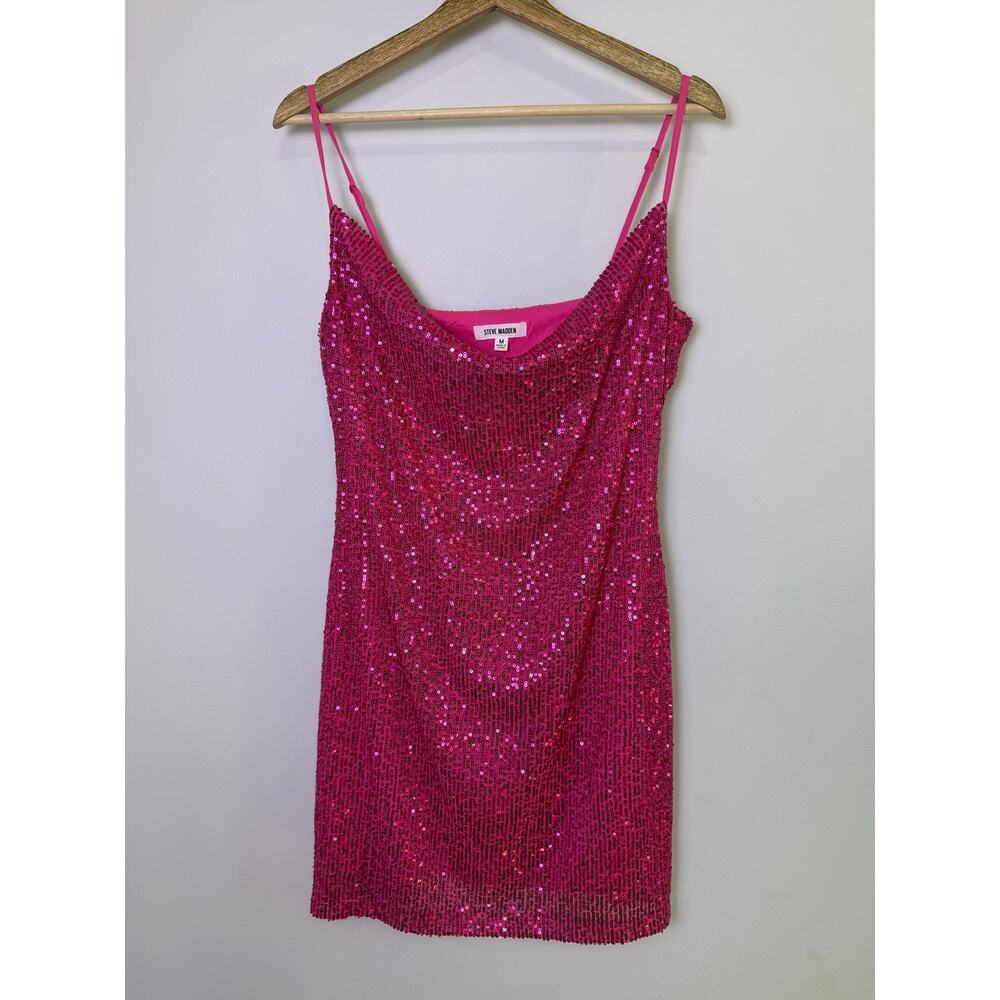 Steve Madden Revolve Pink Sequin Mini Dress Cowl Neck Strappy Party Club M - Picture 7 of 9